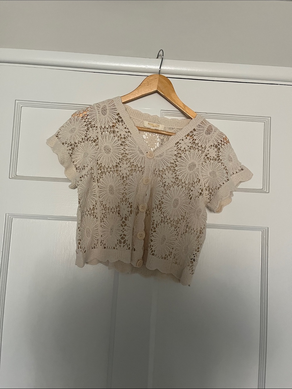 Rebellion again Crochet Button-Front Short Sleeve Top - Cream